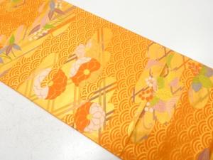 ヱ霞に菊・桐・沢瀉模様織り出し　全通袋帯